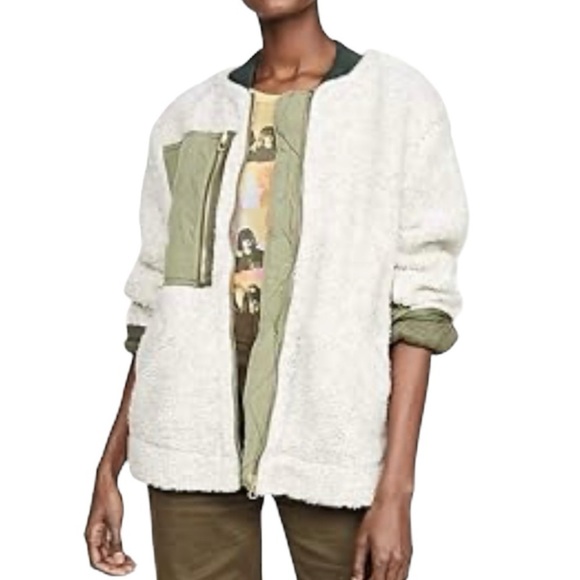 Free People Rivington Sherpa Olive Oversized Relaxed Zipper Jacket Womens Large - Picture 2 of 11